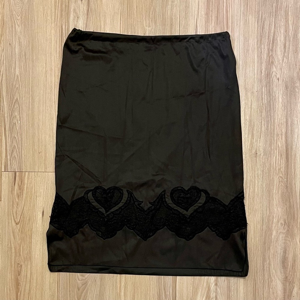 Vintage Black Slip Skirt with Heart Lace Detail
